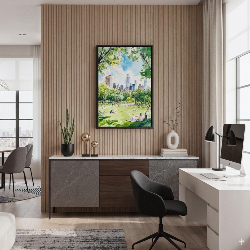 03 - Black Framed Summer in New York Central Park Watercolor Canvas Print - Home Office - Vertical.jpg 03 - Black Framed Summer in New York Central Park Watercolor Canvas Print - Home Office - Vertical.jpg