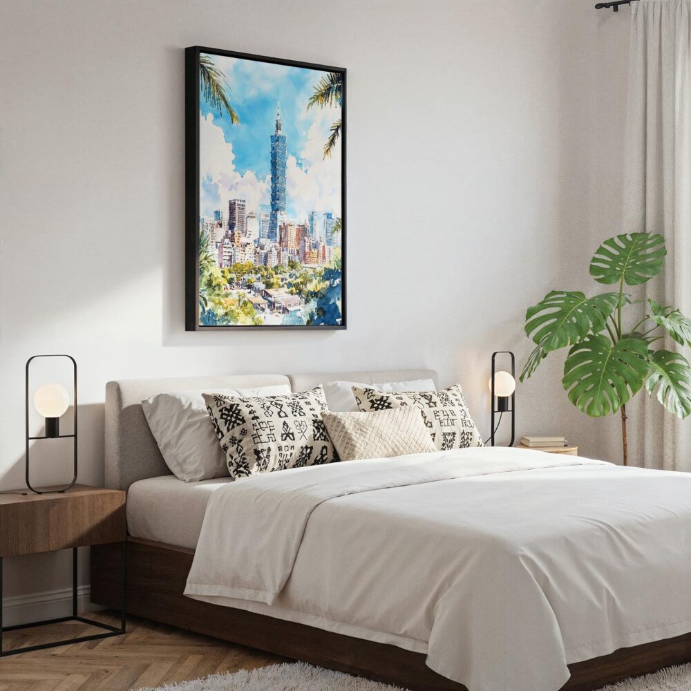 03 - Black Framed Taipei Watercolor Canvas Print - Bedroom - Vertical.jpg 03 - Black Framed Taipei Watercolor Canvas Print - Bedroom - Vertical.jpg