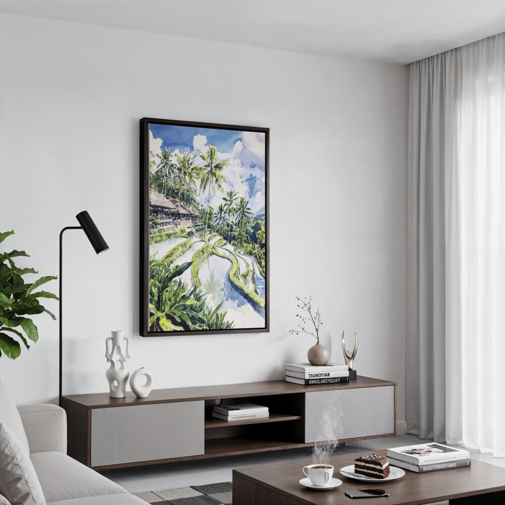 03 - Black Framed Tegallalang Rice Terrace Ubud Bali Watercolor Canvas Print - Contemporary Living Room - Vertical.jpg 03 - Black Framed Tegallalang Rice Terrace Ubud Bali Watercolor Canvas Print - Contemporary Living Room - Vertical.jpg