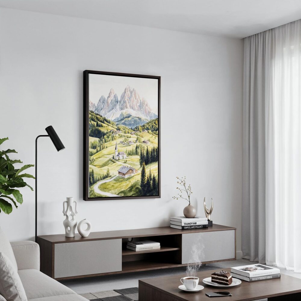 03 - Black Framed The Dolomites Watercolor Canvas Print - Contemporary Living Room - Vertical.jpg 03 - Black Framed The Dolomites Watercolor Canvas Print - Contemporary Living Room - Vertical.jpg