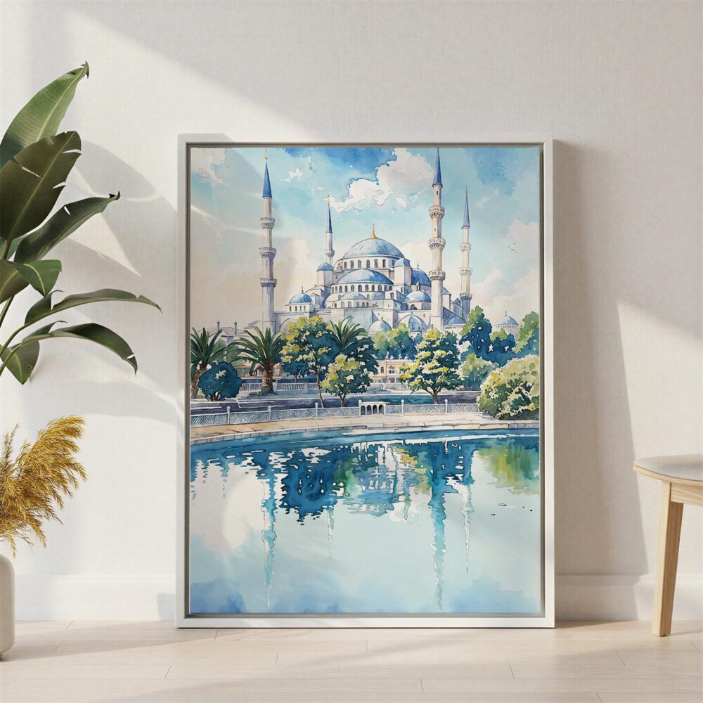 03 - Blue Mosque Watercolor Canvas Print with White Floater Frame - Standing on Floor - Vertical.jpg 03 - Blue Mosque Watercolor Canvas Print with White Floater Frame - Standing on Floor - Vertical.jpg