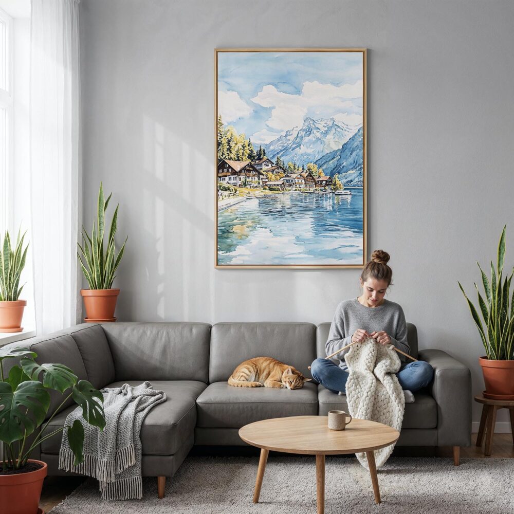 03 - Brienz Watercolor Canvas Print with Natural Floater Frame - Woman Knitting on grey couch - Vertical.jpg 03 - Brienz Watercolor Canvas Print with Natural Floater Frame - Woman Knitting on grey couch - Vertical.jpg
