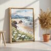 03 - Cannon Beach Oregon Watercolor Canvas Print with Natural Floater Frame - Standing on Floor - Vertical.jpg
