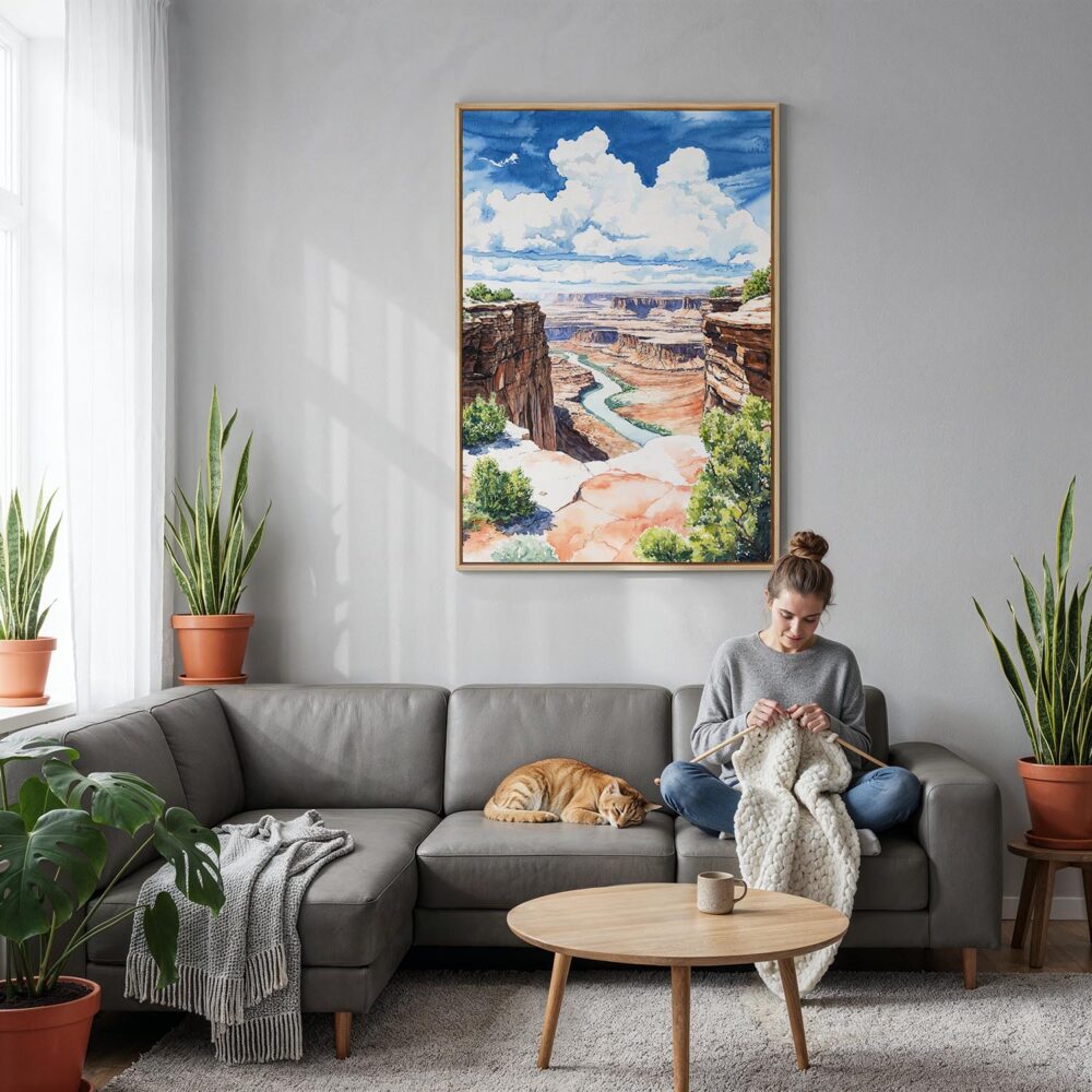 03 - Canyonlands Watercolor Canvas Print with Natural Floater Frame - Woman Knitting on grey couch - Vertical.jpg 03 - Canyonlands Watercolor Canvas Print with Natural Floater Frame - Woman Knitting on grey couch - Vertical.jpg