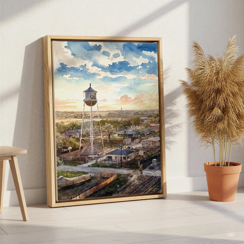 03 - Celina Texas Watercolor Canvas Print with Natural Floater Frame - Standing on Floor - Vertical.jpg 03 - Celina Texas Watercolor Canvas Print with Natural Floater Frame - Standing on Floor - Vertical.jpg