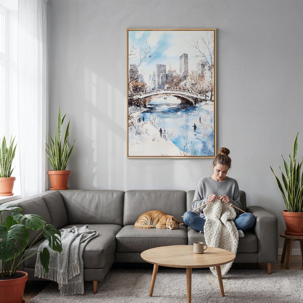 03 - Central Park New York City Watercolor Canvas Print with Natural Floater Frame - Woman Knitting on grey couch - Vertical.jpg 03 - Central Park New York City Watercolor Canvas Print with Natural Floater Frame - Woman Knitting on grey couch - Vertical.jpg