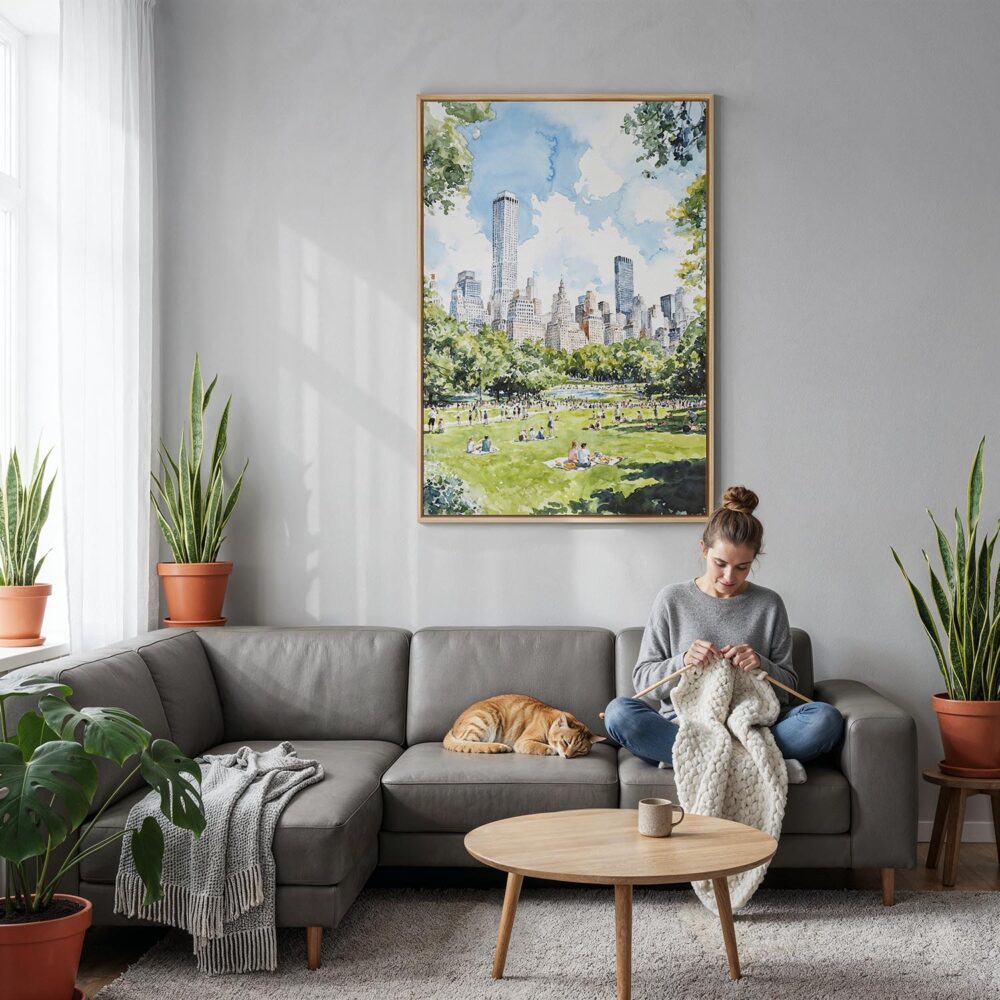 03 - Central Park New York Watercolor Canvas Print with Natural Floater Frame - Woman Knitting on grey couch - Vertical.jpg 03 - Central Park New York Watercolor Canvas Print with Natural Floater Frame - Woman Knitting on grey couch - Vertical.jpg