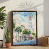 03 - Charleston SC Watercolor Canvas Print with Brown Floater Frame - Standing on Floor - Vertical.jpg