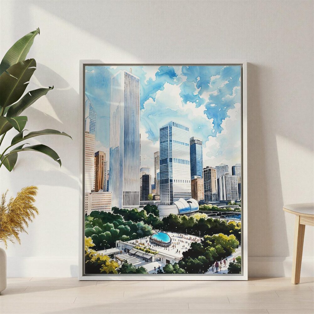 03 - Chicago Millenium Park Watercolor Canvas Print with White Floater Frame - Standing on Floor - Vertical.jpg 03 - Chicago Millenium Park Watercolor Canvas Print with White Floater Frame - Standing on Floor - Vertical.jpg