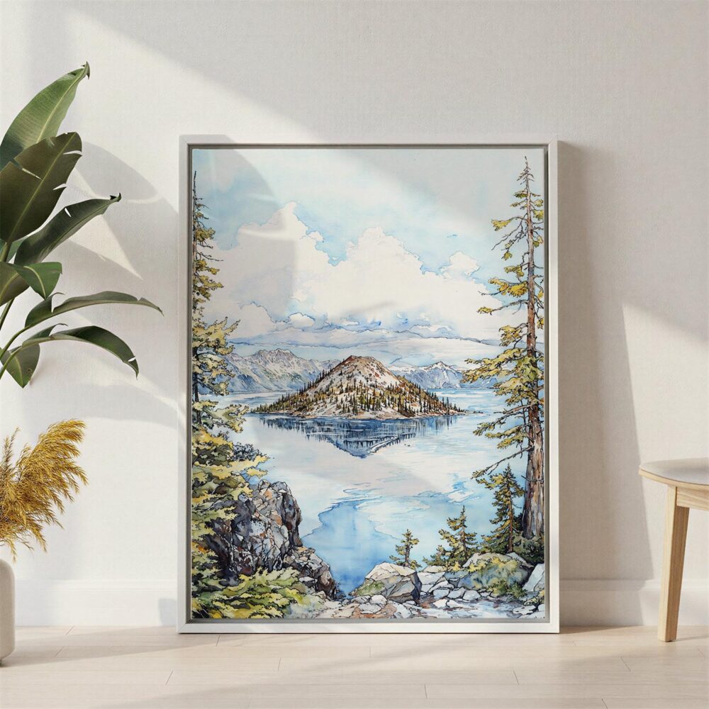 03 - Crater Lake National Park Watercolor Canvas Print with White Floater Frame - Standing on Floor - Vertical.jpg 03 - Crater Lake National Park Watercolor Canvas Print with White Floater Frame - Standing on Floor - Vertical.jpg