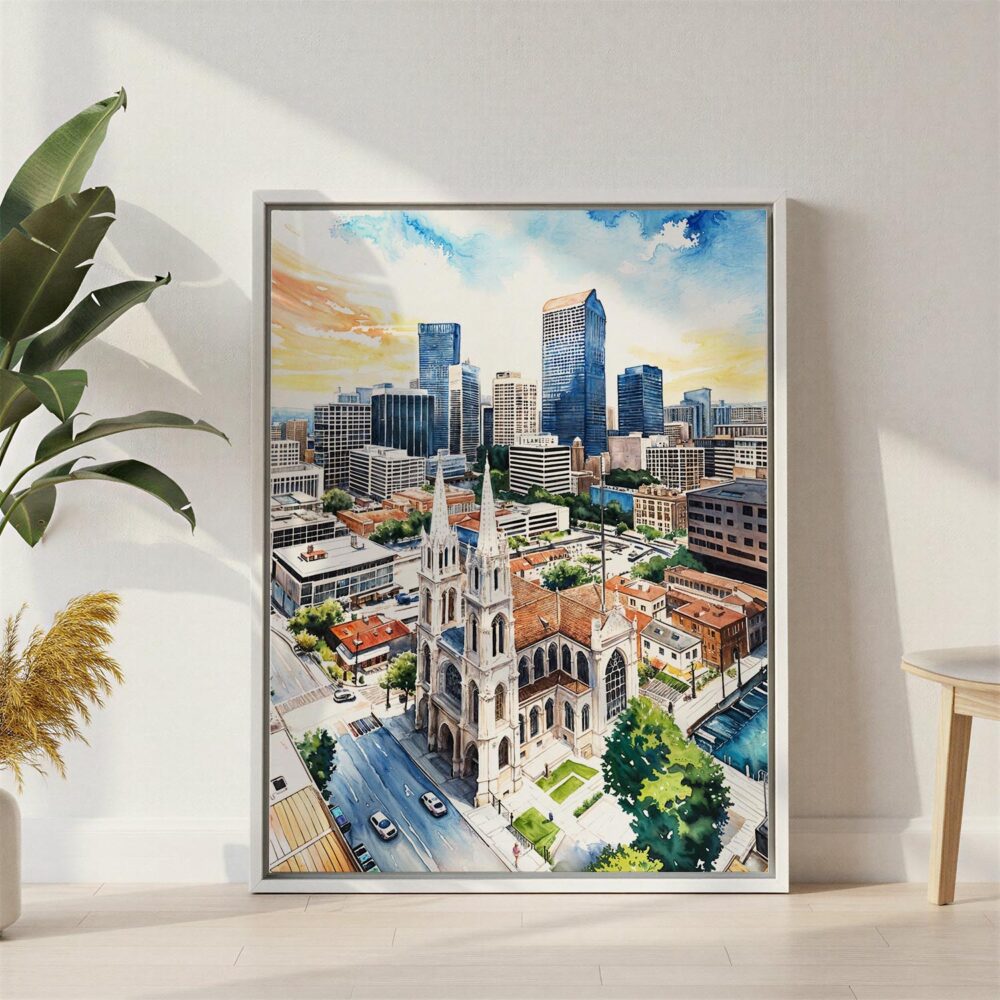 03 - Denver Colorado Skyline Watercolor Canvas Print with White Floater Frame - Standing on Floor - Vertical.jpg 03 - Denver Colorado Skyline Watercolor Canvas Print with White Floater Frame - Standing on Floor - Vertical.jpg