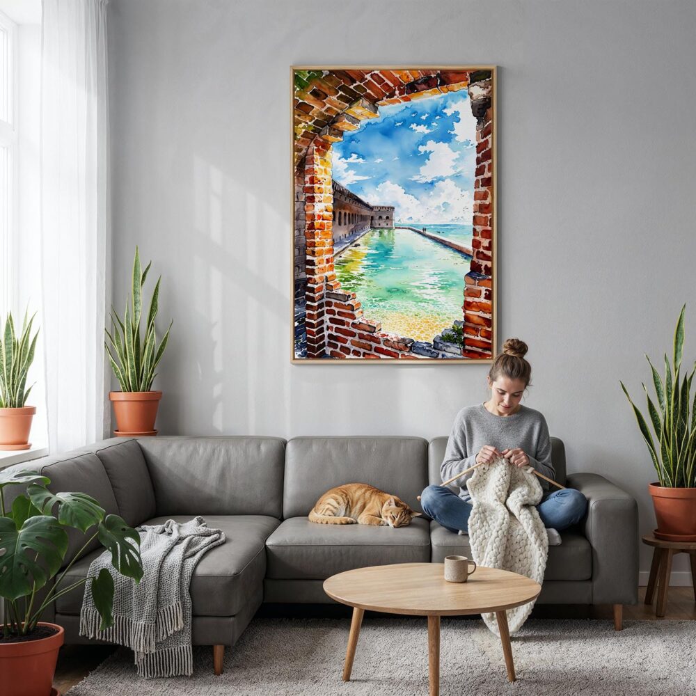 03 - Dry Tortugas National Park Watercolor Canvas Print with Natural Floater Frame - Woman Knitting on grey couch - Vertical.jpg 03 - Dry Tortugas National Park Watercolor Canvas Print with Natural Floater Frame - Woman Knitting on grey couch - Vertical.jpg