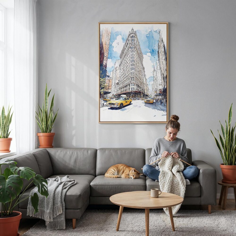 03 - Flatiron Watercolor Canvas Print with Natural Floater Frame - Woman Knitting on grey couch - Vertical.jpg 03 - Flatiron Watercolor Canvas Print with Natural Floater Frame - Woman Knitting on grey couch - Vertical.jpg