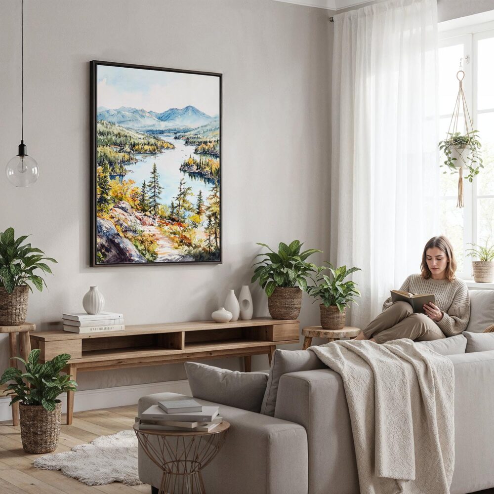 03 - Framed Adirondack Mountains Watercolor Canvas Print - Woman reading in modern Living Room - Vertical.jpg 03 - Framed Adirondack Mountains Watercolor Canvas Print - Woman reading in modern Living Room - Vertical.jpg