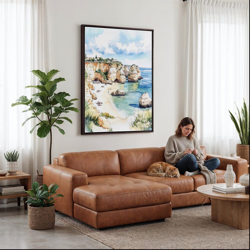 03 - Framed Algarve Beach Watercolor Canvas Print - Woman Knitting on leather couch - Vertical.jpg 03 - Framed Algarve Beach Watercolor Canvas Print - Woman Knitting on leather couch - Vertical.jpg