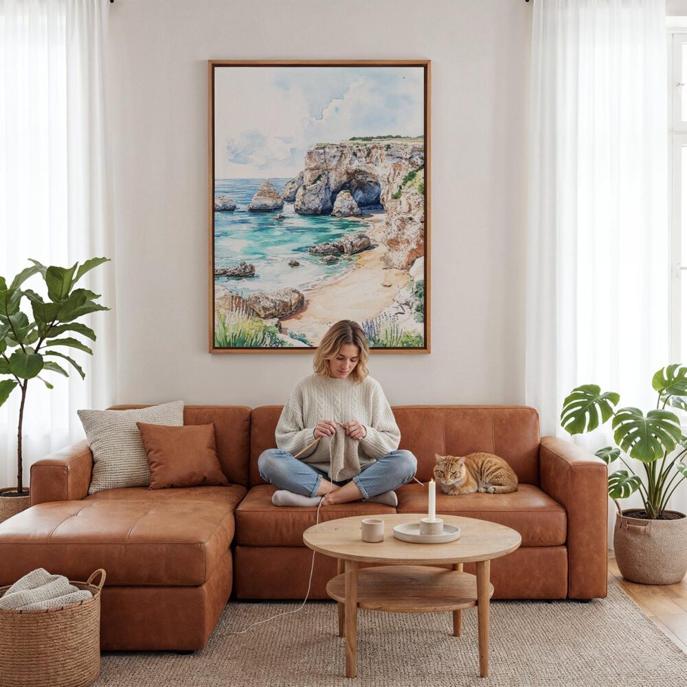 03 - Framed Algarve Portugal Watercolor Canvas Print - Woman Knitting - Vertical.jpg 03 - Framed Algarve Portugal Watercolor Canvas Print - Woman Knitting - Vertical.jpg