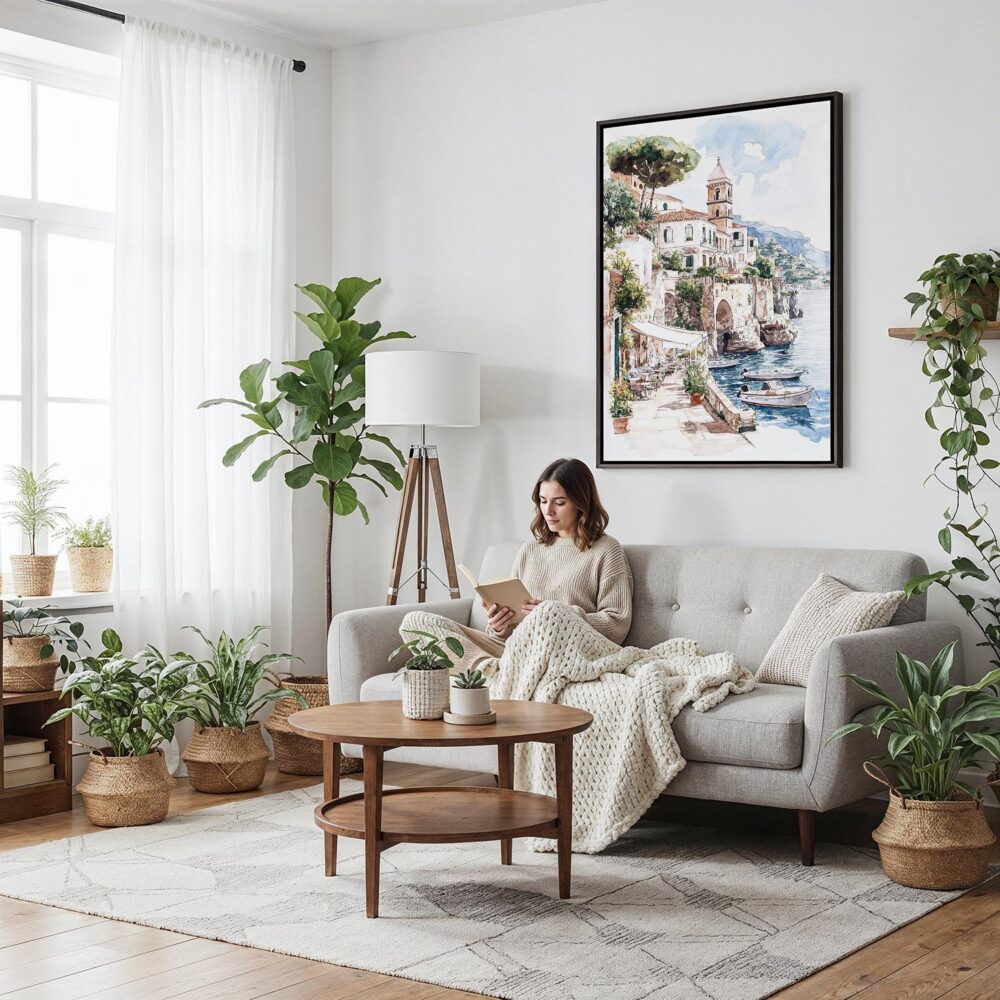 03 - Framed Amalfi - Watercolor Canvas Print - Woman reading on couch - Vertical.jpg 03 - Framed Amalfi - Watercolor Canvas Print - Woman reading on couch - Vertical.jpg