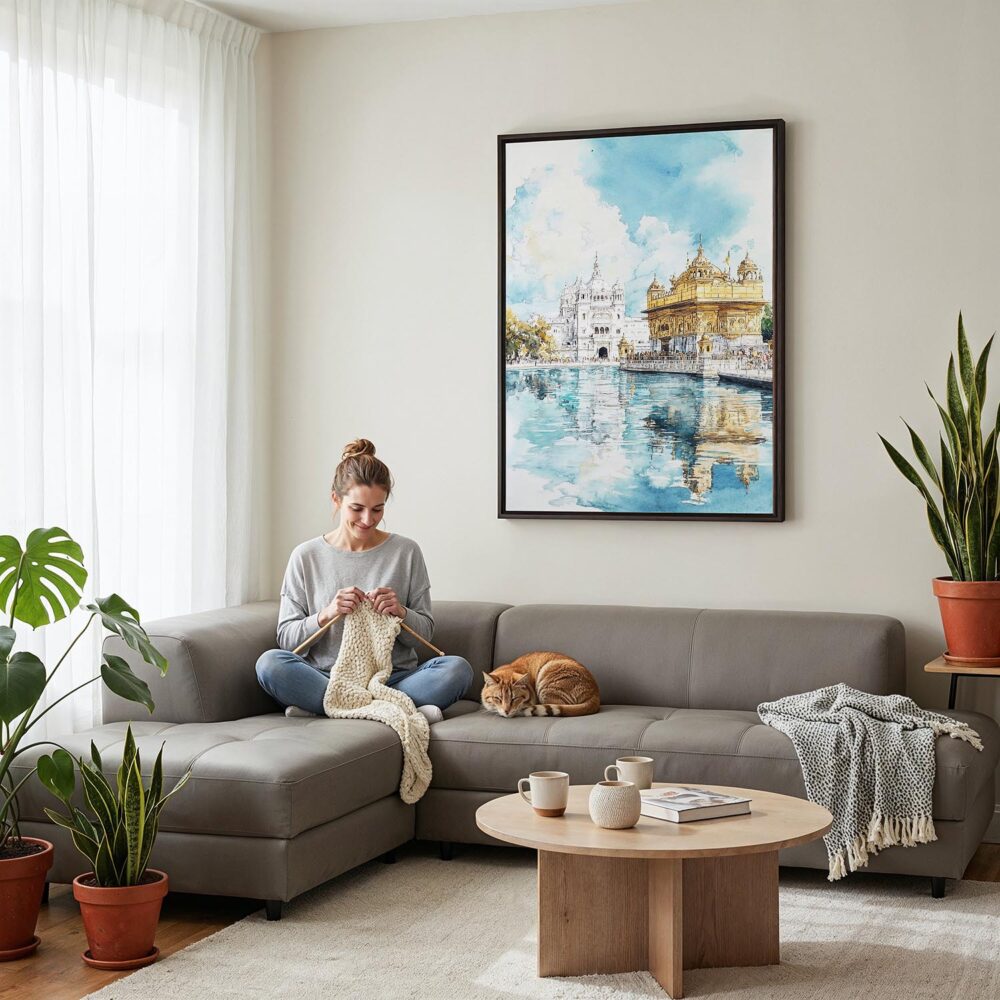 03 - Framed Amritsar Golden Temple Watercolor Canvas Print - Woman Knitting on grey couch - Vertical.jpg 03 - Framed Amritsar Golden Temple Watercolor Canvas Print - Woman Knitting on grey couch - Vertical.jpg