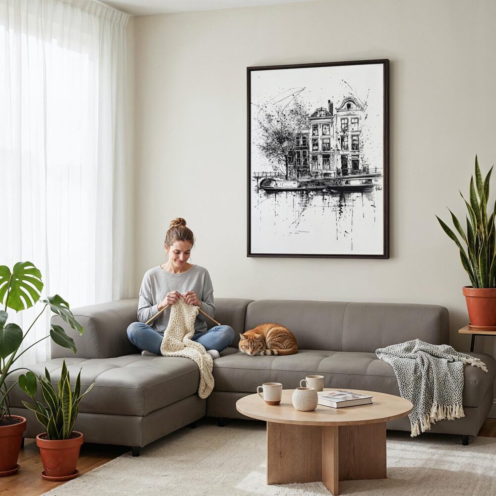 03 - Framed Amsterdam - Pencil Drawing - 3 Canvas Print - Woman Knitting on grey couch - Vertical.jpg 03 - Framed Amsterdam - Pencil Drawing - 3 Canvas Print - Woman Knitting on grey couch - Vertical.jpg