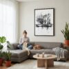 03 - Framed Amsterdam - Pencil Drawing - 3 Canvas Print - Woman Knitting on grey couch - Vertical.jpg