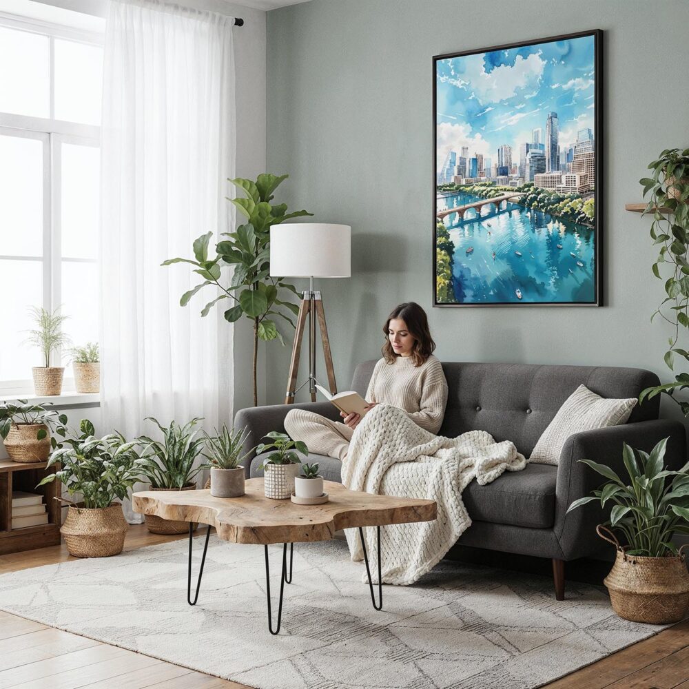 03 - Framed Austin Texas Watercolor Canvas Print - Woman reading in Boho Living Room - Vertical.jpg 03 - Framed Austin Texas Watercolor Canvas Print - Woman reading in Boho Living Room - Vertical.jpg