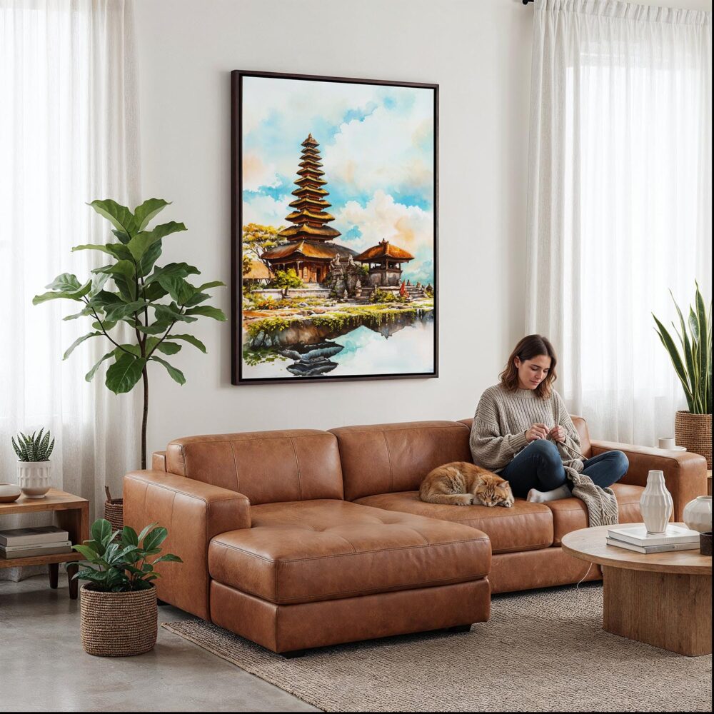 03 - Framed Bali Temple Watercolor Canvas Print - Woman Knitting on leather couch - Vertical.jpg 03 - Framed Bali Temple Watercolor Canvas Print - Woman Knitting on leather couch - Vertical.jpg