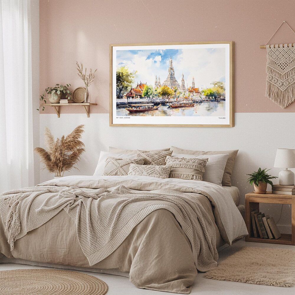 03 - Framed Bangkok Wat Arun Temple of Dawn Watercolor - Horizontal Art Print in Boho Bedroom.jpg 03 - Framed Bangkok Wat Arun Temple of Dawn Watercolor - Horizontal Art Print in Boho Bedroom.jpg