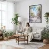 03 - Framed Barcelona Las Ramblas Watercolor Canvas Print - Woman reading on couch - Vertical.jpg