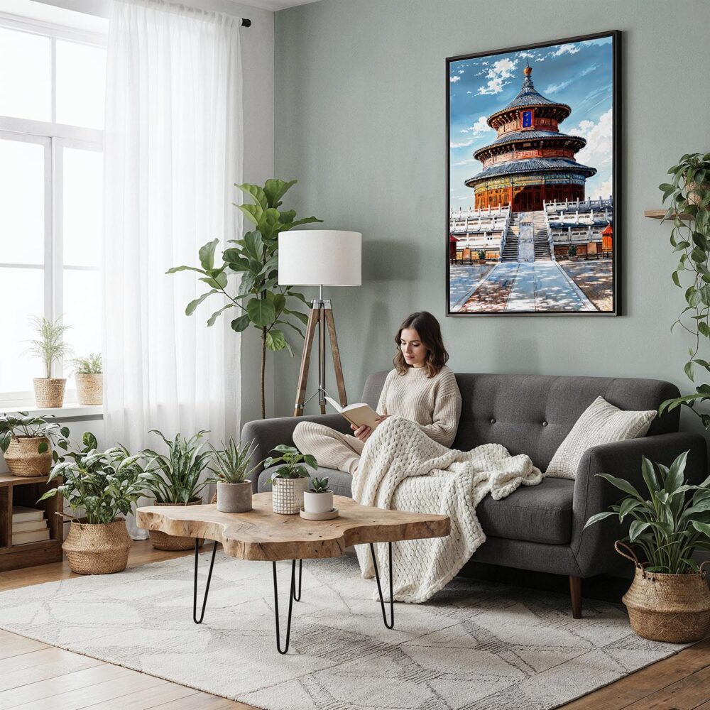 03 - Framed Beijing Forbidden City Watercolor Canvas Print - Woman reading in Boho Living Room - Vertical.jpg 03 - Framed Beijing Forbidden City Watercolor Canvas Print - Woman reading in Boho Living Room - Vertical.jpg