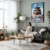 03 - Framed Beijing Forbidden City Watercolor Canvas Print - Woman reading in Boho Living Room - Vertical.jpg