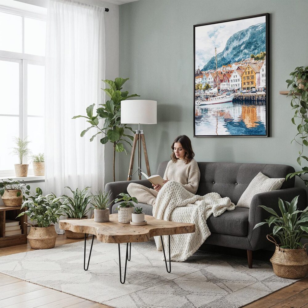 03 - Framed Bergen Norway Watercolor Canvas Print - Woman reading in Boho Living Room - Vertical.jpg 03 - Framed Bergen Norway Watercolor Canvas Print - Woman reading in Boho Living Room - Vertical.jpg