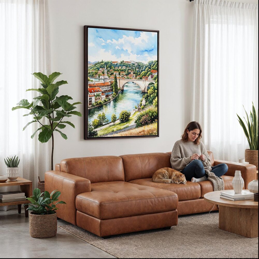 03 - Framed Bern Switzerland Watercolor Canvas Print - Woman Knitting on leather couch - Vertical.jpg 03 - Framed Bern Switzerland Watercolor Canvas Print - Woman Knitting on leather couch - Vertical.jpg
