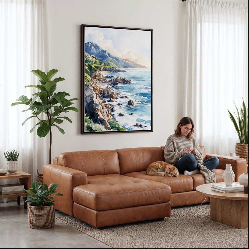 03 - Framed Big Sur California Watercolor Canvas Print - Woman Knitting on leather couch - Vertical.jpg 03 - Framed Big Sur California Watercolor Canvas Print - Woman Knitting on leather couch - Vertical.jpg