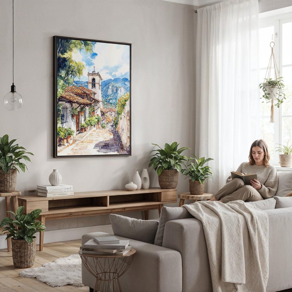 03 - Framed Bogota Colombia Watercolor Canvas Print - Woman reading in modern Living Room - Vertical.jpg 03 - Framed Bogota Colombia Watercolor Canvas Print - Woman reading in modern Living Room - Vertical.jpg