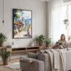 03 - Framed Bogota Colombia Watercolor Canvas Print - Woman reading in modern Living Room - Vertical.jpg