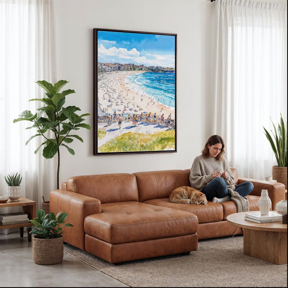 03 - Framed Bondi Beach Watercolor Canvas Print - Woman Knitting on leather couch - Vertical.jpg 03 - Framed Bondi Beach Watercolor Canvas Print - Woman Knitting on leather couch - Vertical.jpg