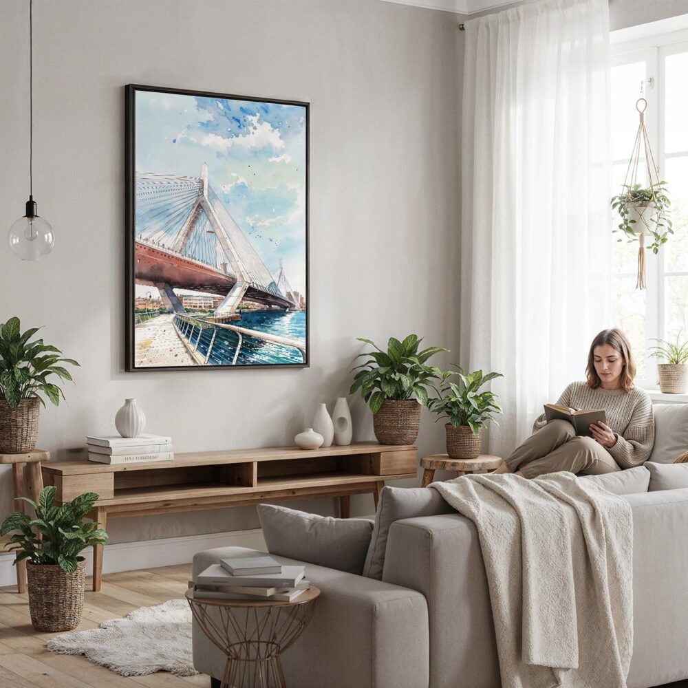 03 - Framed Boston Zakim Bridge Watercolor Canvas Print - Woman reading in modern Living Room - Vertical.jpg 03 - Framed Boston Zakim Bridge Watercolor Canvas Print - Woman reading in modern Living Room - Vertical.jpg