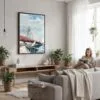 03 - Framed Boston Zakim Bridge Watercolor Canvas Print - Woman reading in modern Living Room - Vertical.jpg