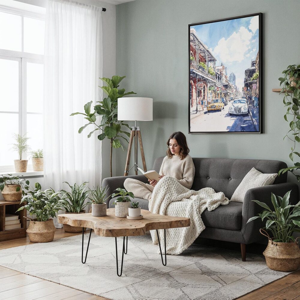 03 - Framed Bourbon Street New Orleans Watercolor Canvas Print - Woman reading in Boho Living Room - Vertical.jpg 03 - Framed Bourbon Street New Orleans Watercolor Canvas Print - Woman reading in Boho Living Room - Vertical.jpg