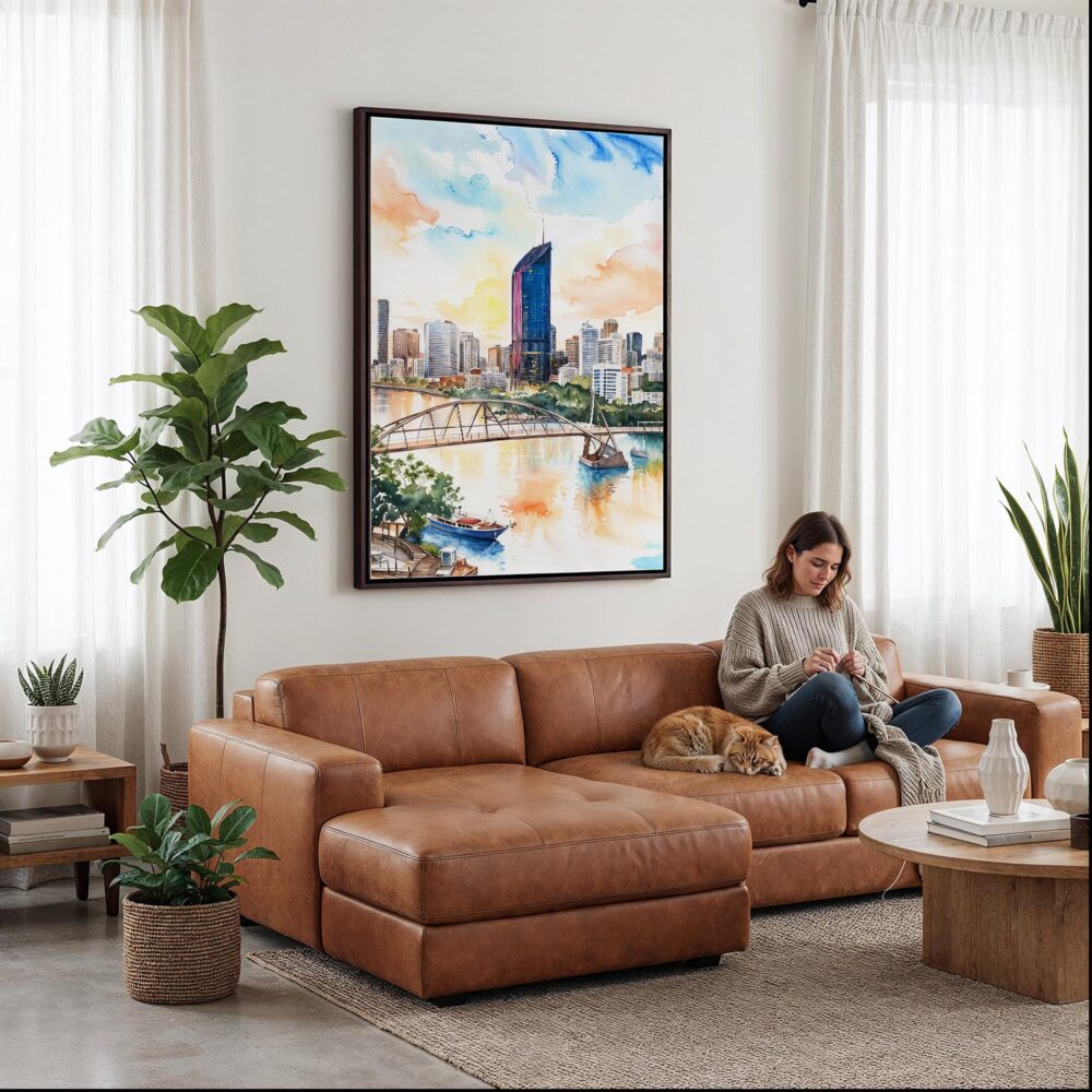 03 - Framed Brisbane Skyline Watercolor Canvas Print - Woman Knitting on leather couch - Vertical.jpg 03 - Framed Brisbane Skyline Watercolor Canvas Print - Woman Knitting on leather couch - Vertical.jpg