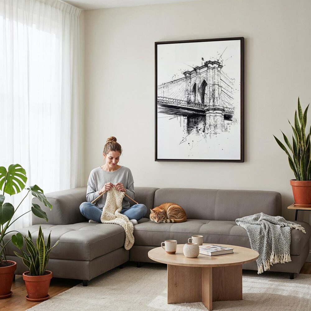 03 - Framed Brooklyn Bridge - Pencil Drawing Canvas Print - Woman Knitting on grey couch - Vertical.jpg 03 - Framed Brooklyn Bridge - Pencil Drawing Canvas Print - Woman Knitting on grey couch - Vertical.jpg