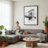 03 - Framed Brooklyn Bridge - Pencil Drawing Canvas Print - Woman Knitting on grey couch - Vertical.jpg