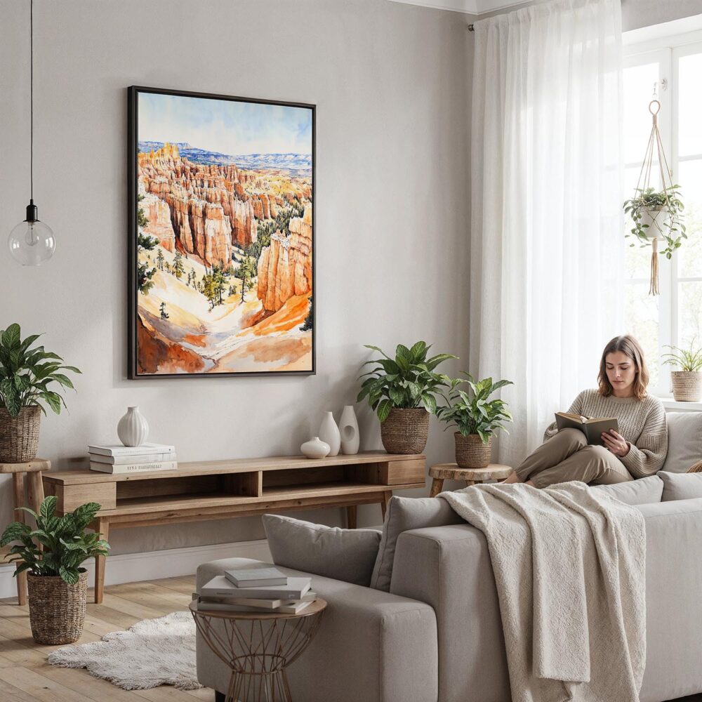 03 - Framed Bryce Canyon National Park Watercolor Canvas Print - Woman reading in modern Living Room - Vertical.jpg 03 - Framed Bryce Canyon National Park Watercolor Canvas Print - Woman reading in modern Living Room - Vertical.jpg