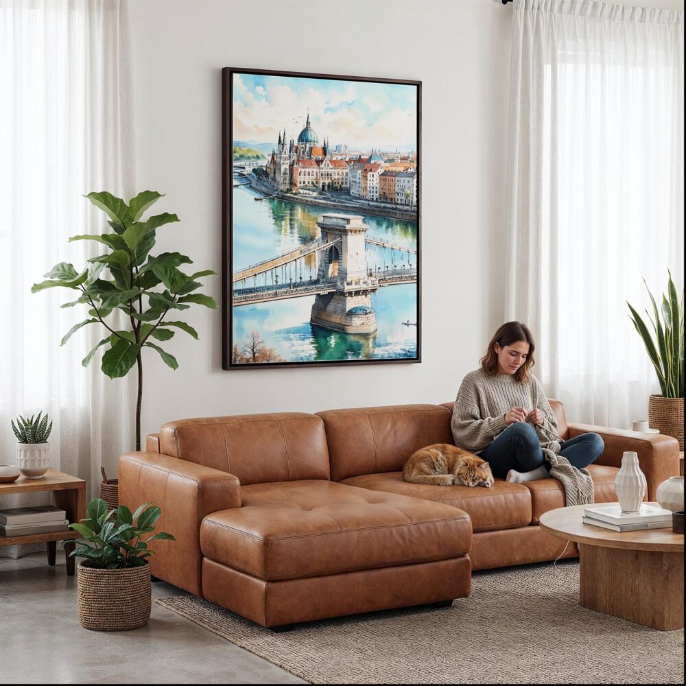 03 - Framed Budapest Hungary Watercolor Canvas Print - Woman Knitting on leather couch - Vertical.jpg 03 - Framed Budapest Hungary Watercolor Canvas Print - Woman Knitting on leather couch - Vertical.jpg