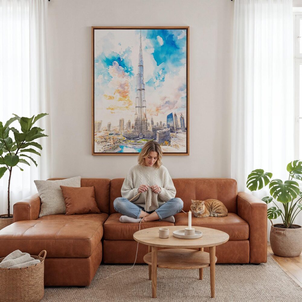 03 - Framed Burj Khalifa Dubai Watercolor Canvas Print - Woman Knitting - Vertical.jpg 03 - Framed Burj Khalifa Dubai Watercolor Canvas Print - Woman Knitting - Vertical.jpg