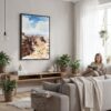 03 - Framed Canyonlands National Park Watercolor Canvas Print - Woman reading in modern Living Room - Vertical.jpg
