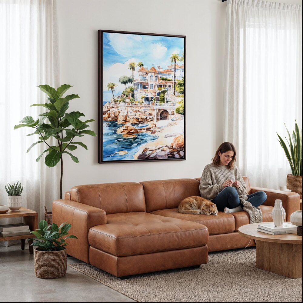 03 - Framed Cascais Portugal Watercolor Canvas Print - Woman Knitting on leather couch - Vertical.jpg 03 - Framed Cascais Portugal Watercolor Canvas Print - Woman Knitting on leather couch - Vertical.jpg