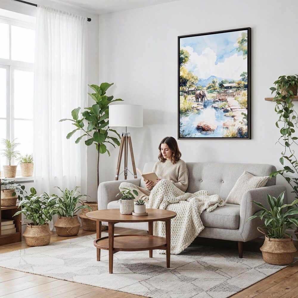 03 - Framed Chiang Mai Elephant Watercolor Canvas Print - Woman reading on couch - Vertical.jpg 03 - Framed Chiang Mai Elephant Watercolor Canvas Print - Woman reading on couch - Vertical.jpg