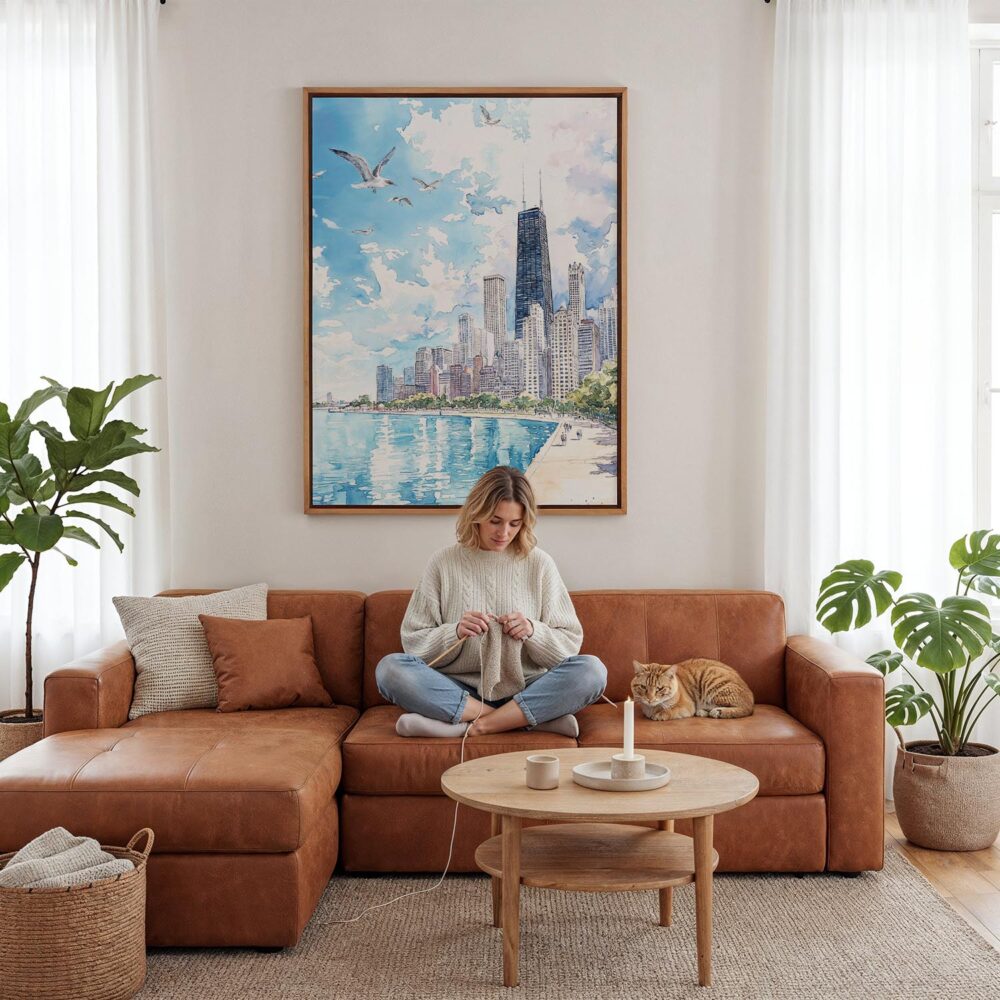 03 - Framed Chicago Skyline Watercolor Canvas Print - Woman Knitting - Vertical.jpg 03 - Framed Chicago Skyline Watercolor Canvas Print - Woman Knitting - Vertical.jpg