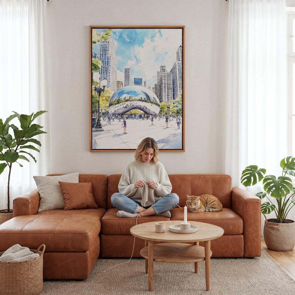 03 - Framed Chicago The Bean Cloud Gate Watercolor Canvas Print - Woman Knitting - Vertical.jpg 03 - Framed Chicago The Bean Cloud Gate Watercolor Canvas Print - Woman Knitting - Vertical.jpg